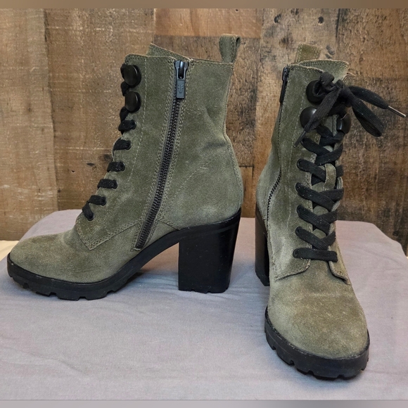 Frye Myra Lug Combat Suede Lace-up Zip Mid Heel Bootie, Olive Green Size 6 - Picture 2 of 9